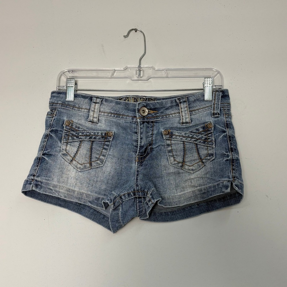 VTG Truce Jeans Size 7 Light Wash Low Rise Denim Shorts Y2K Embroidered Pockets